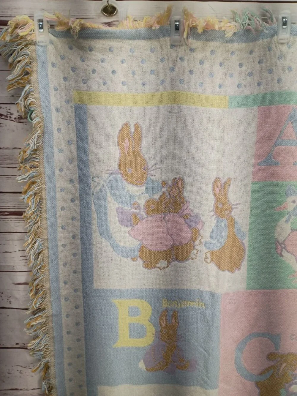 Beatrix Potter Quiltex Alphabet Baby Blanket Pastel Colors Fringe Edge 100% Cott